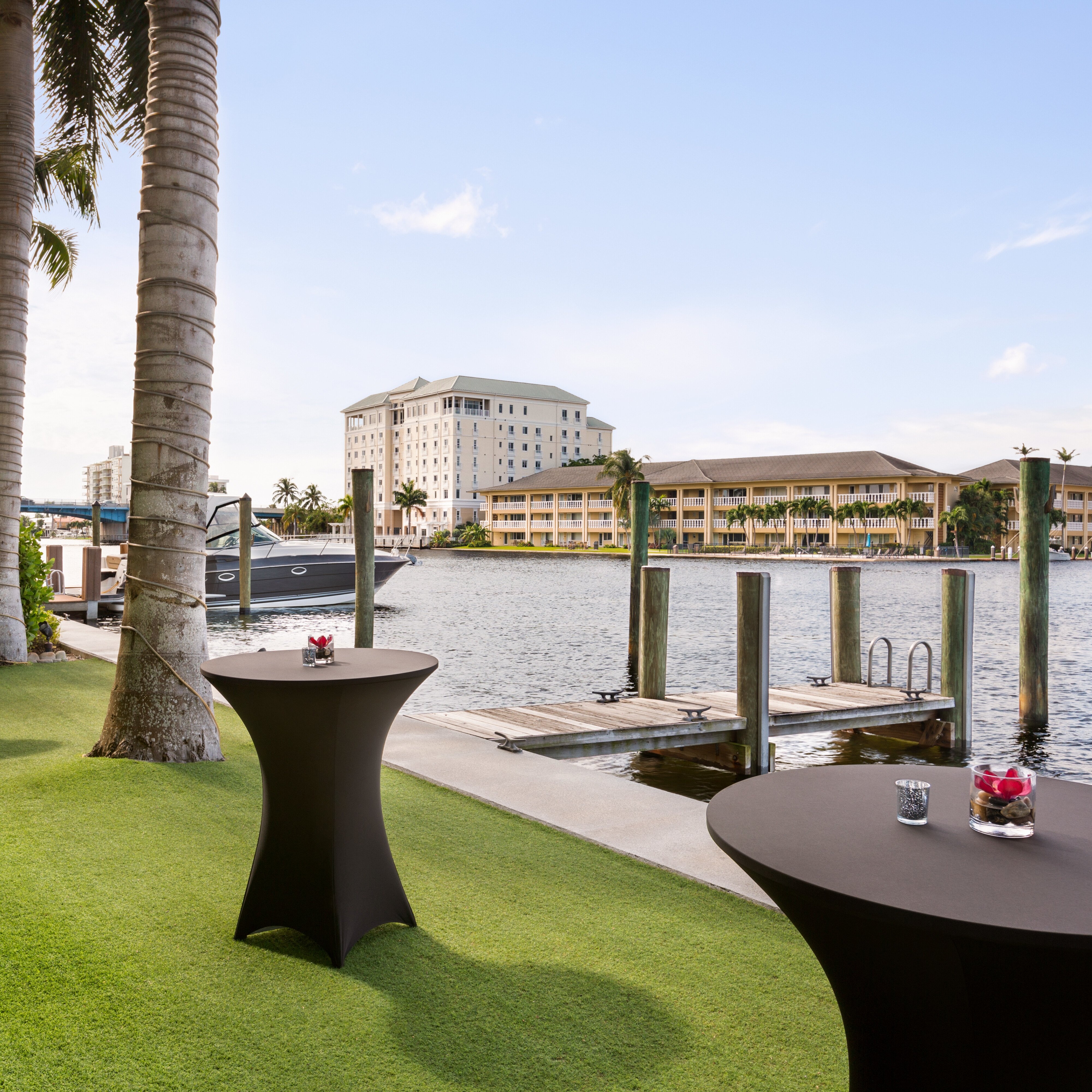 Outdoor lawn event setup by waterfront