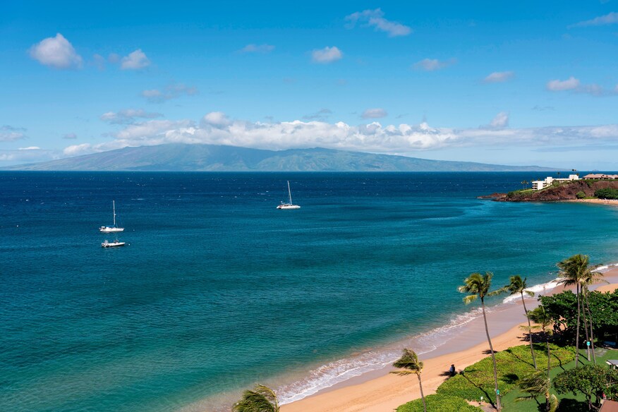 Beach and ocean with sail boats.