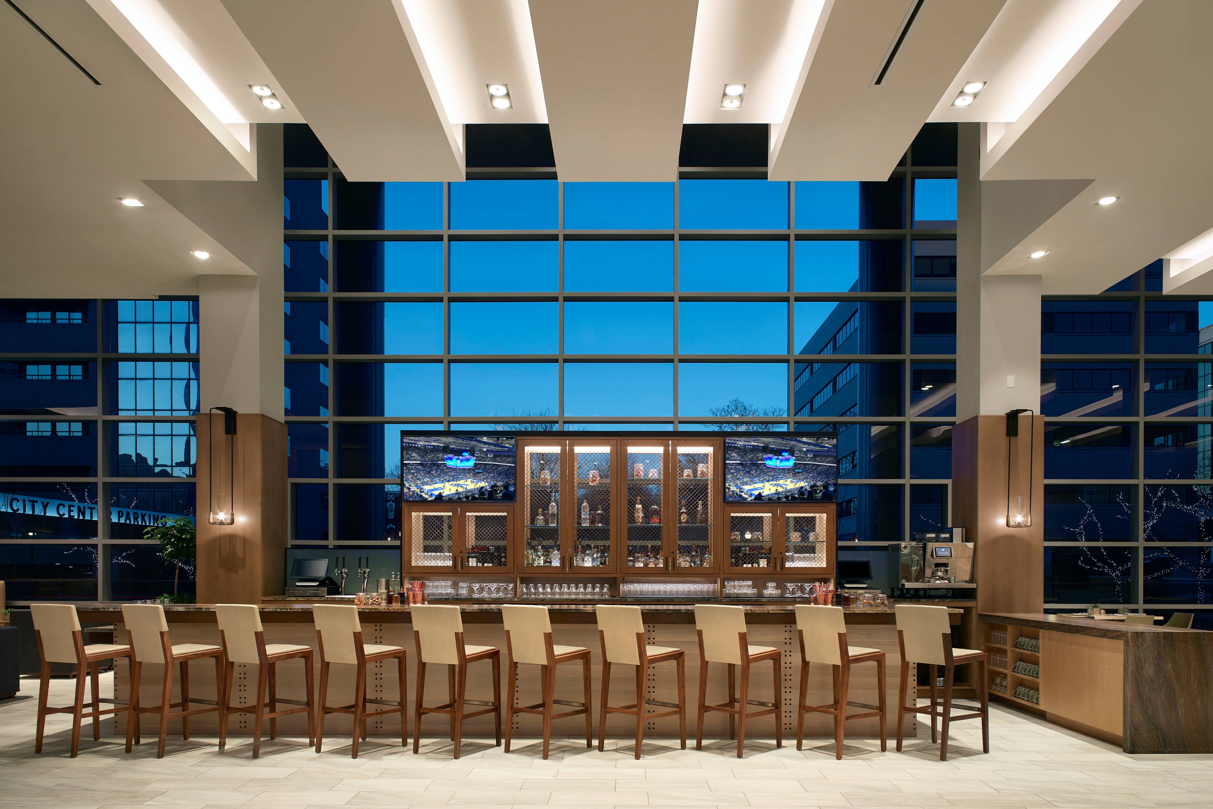 Greatroom bar seating with large windows