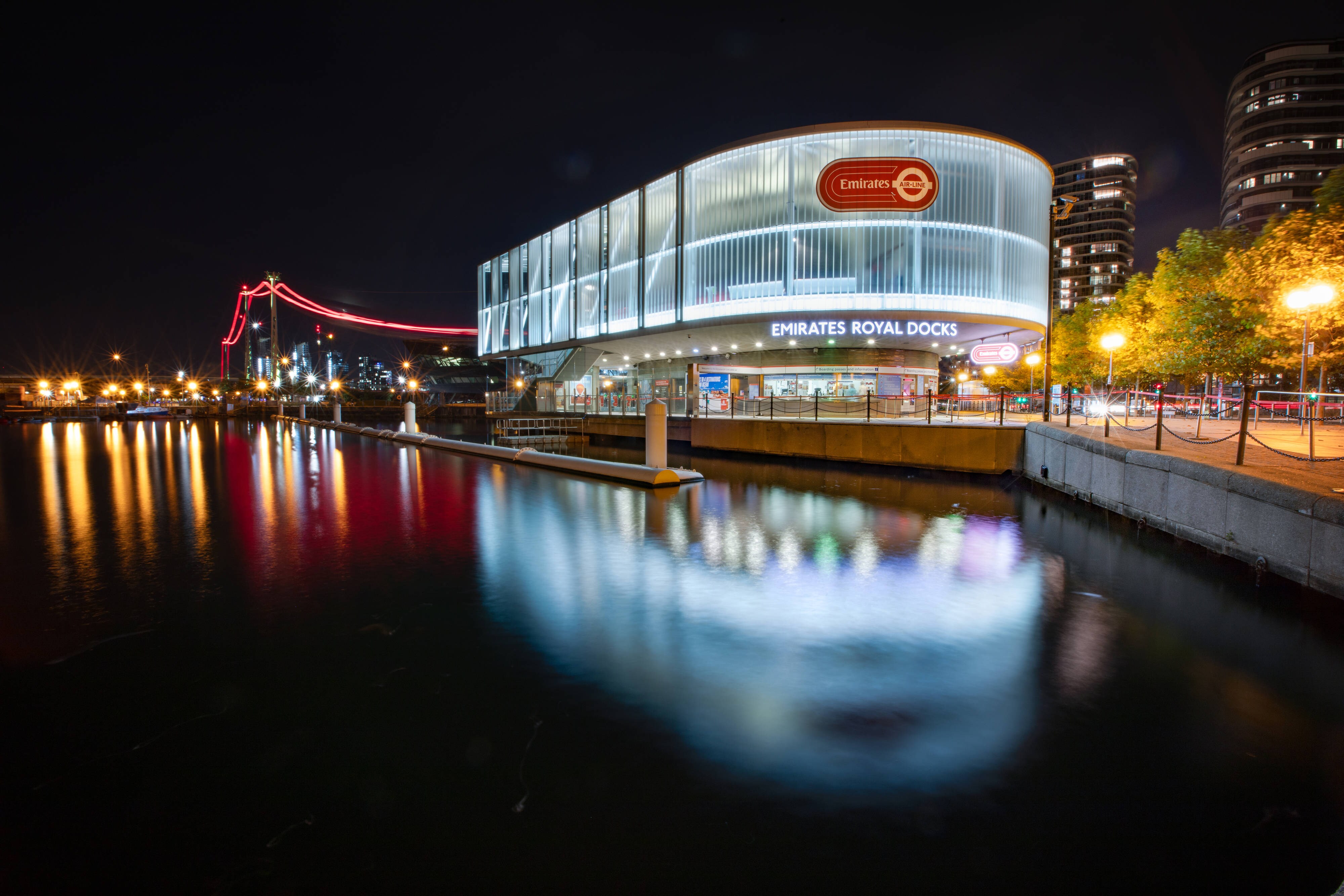 Emirates royal docks at night