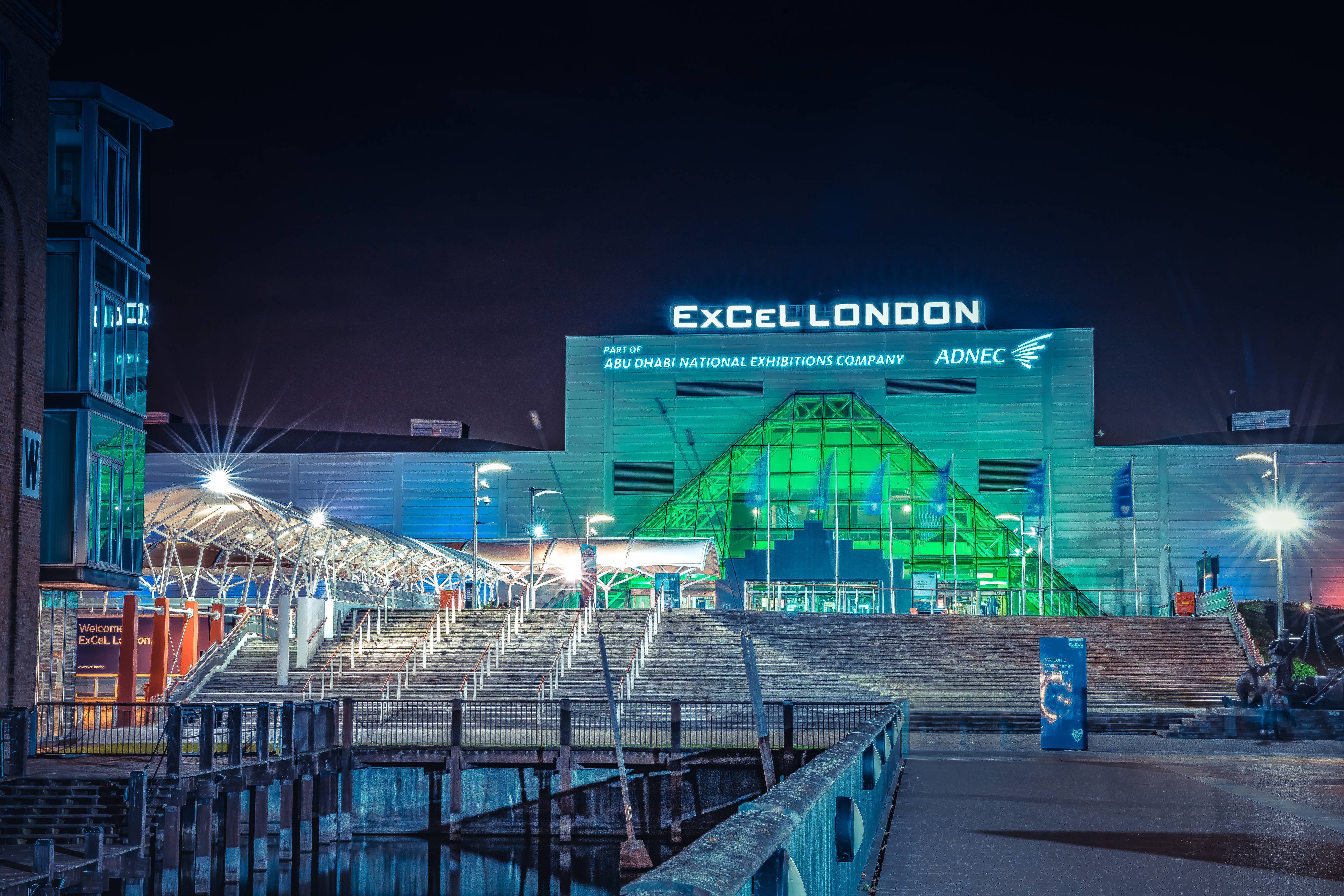 ExCel London entrance at night