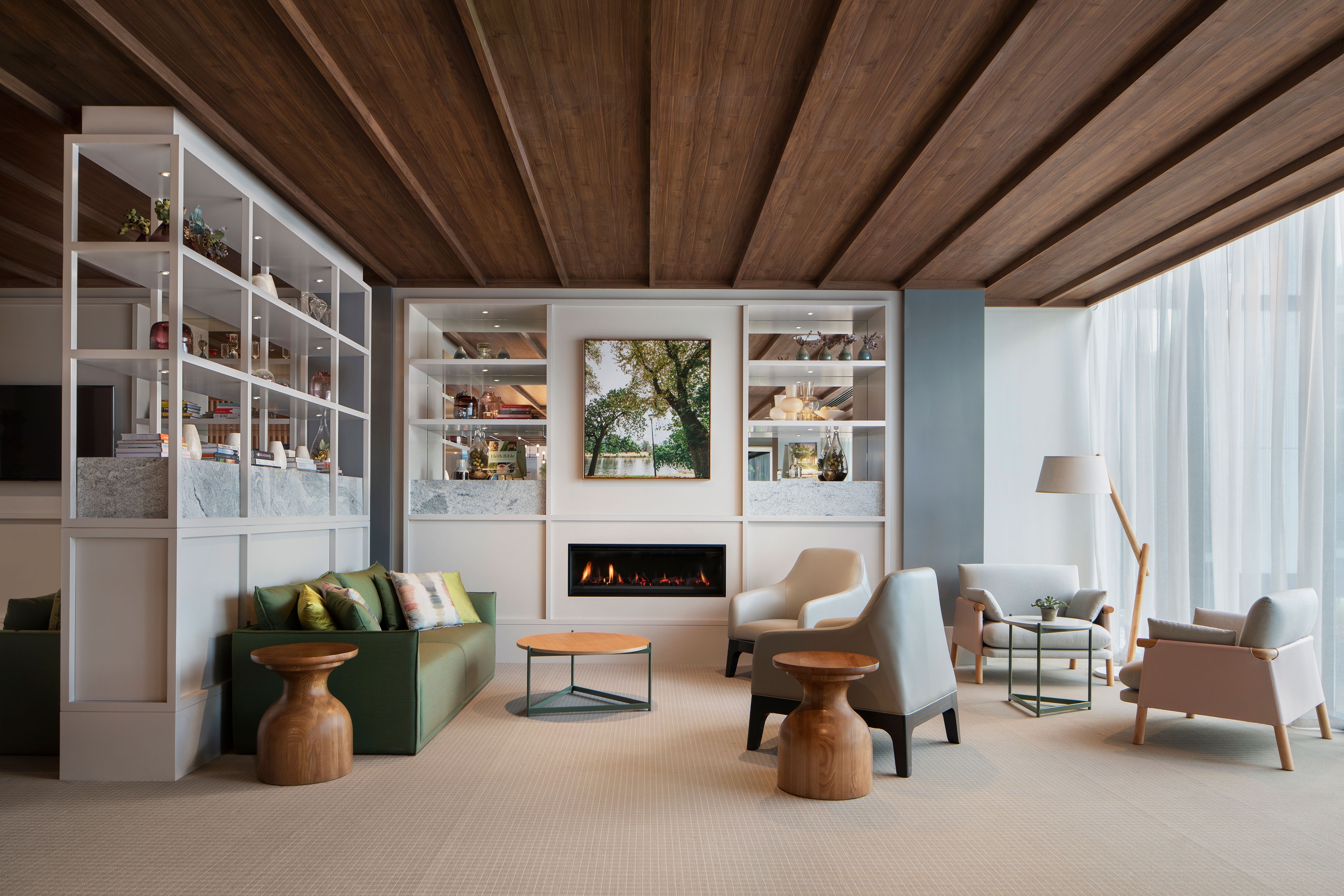 Lobby lounge with fireplace