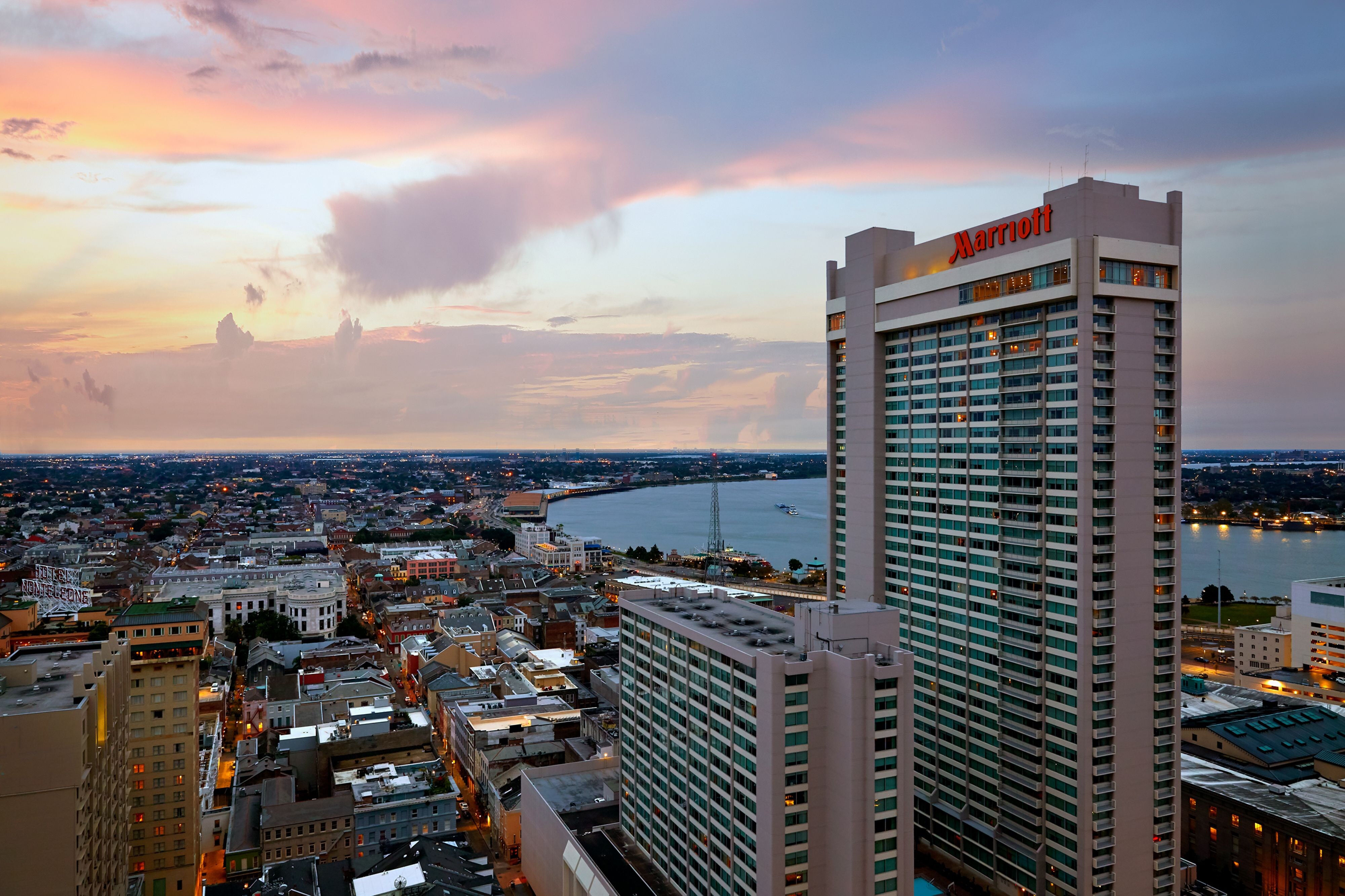 City skyline and hotel exterior