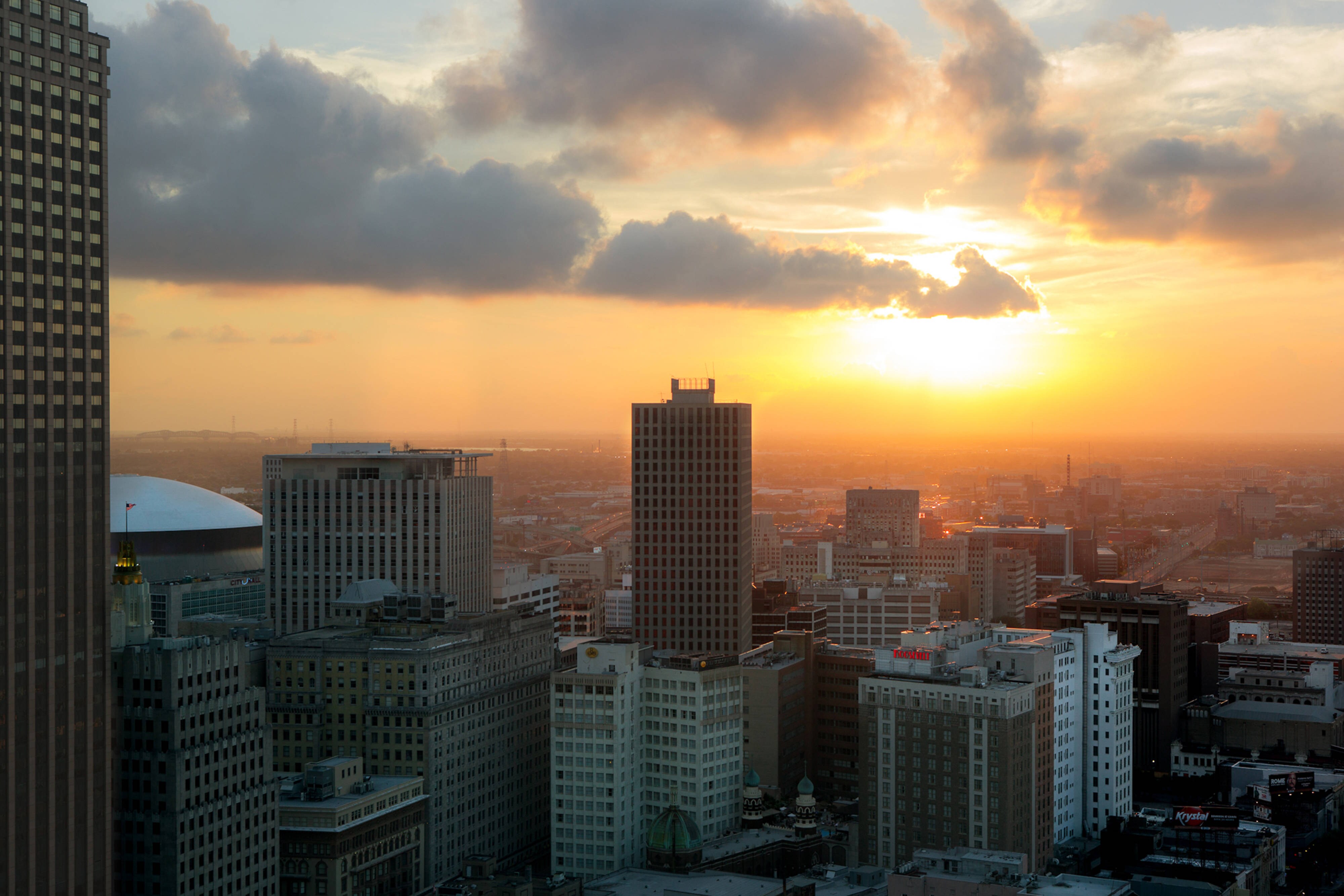 City skyline at sunset