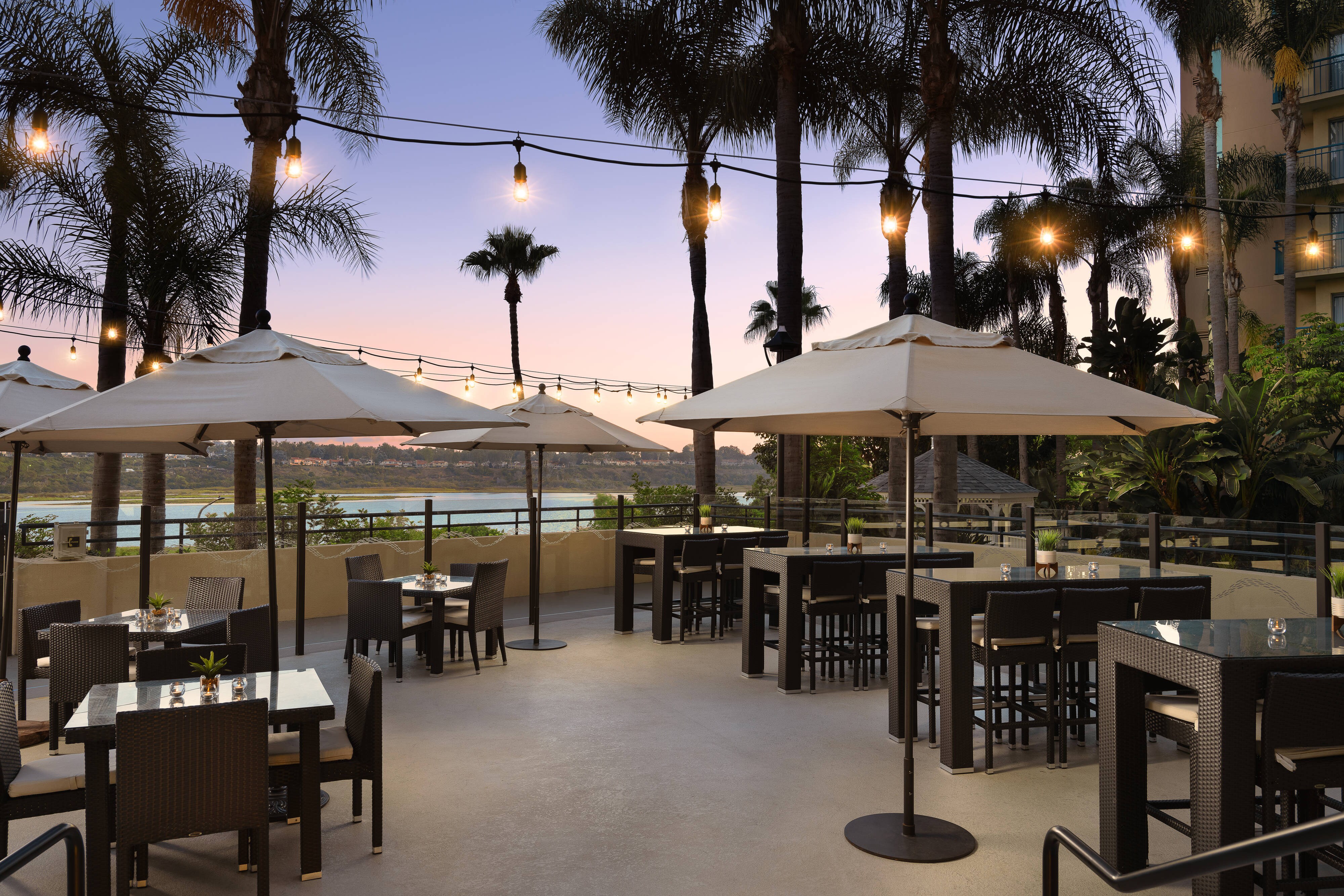 Terrace at sunset with palm trees