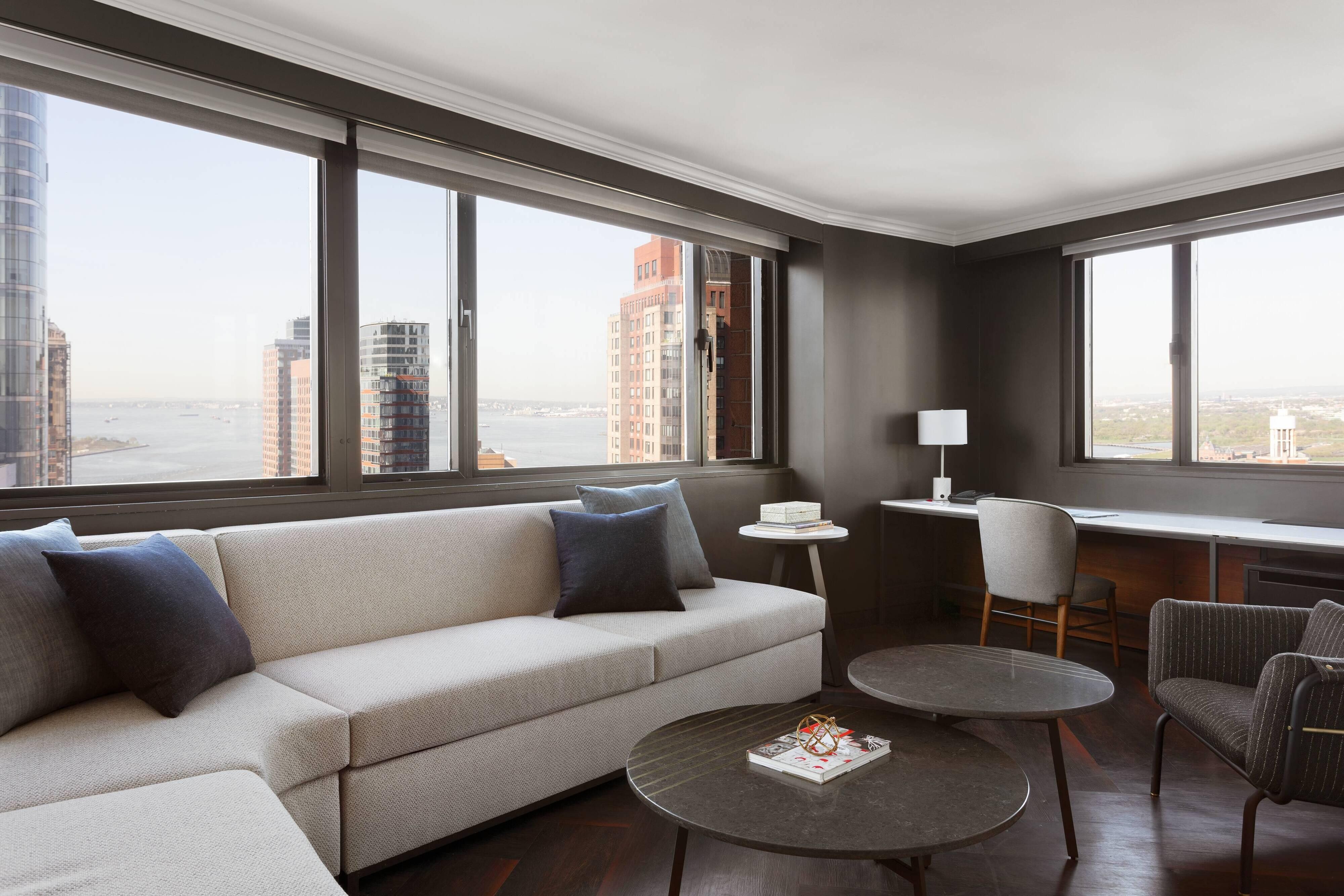 Guest suite seating area with exterior view