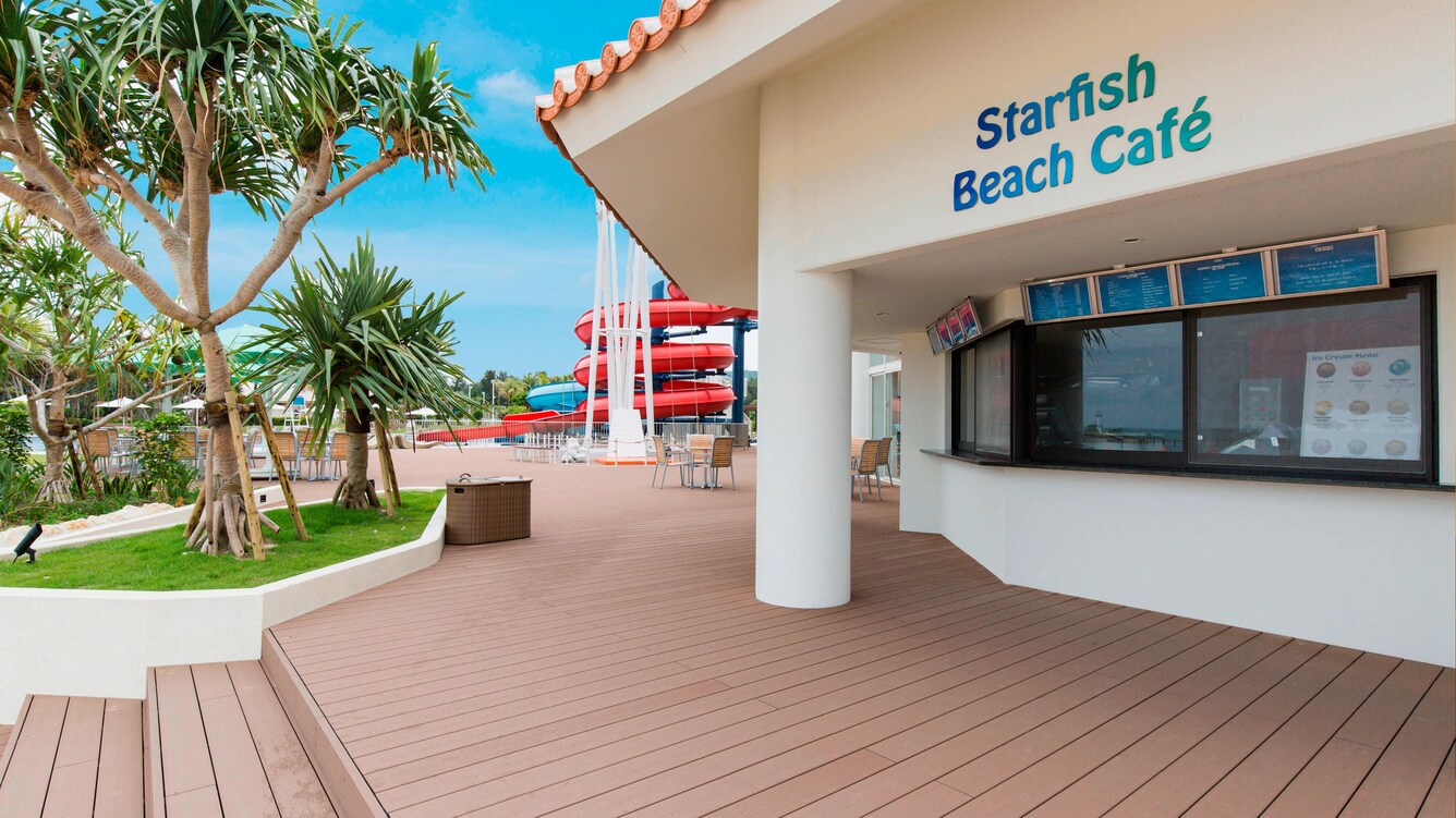 Starfish beach cafe exterior deck and sign.