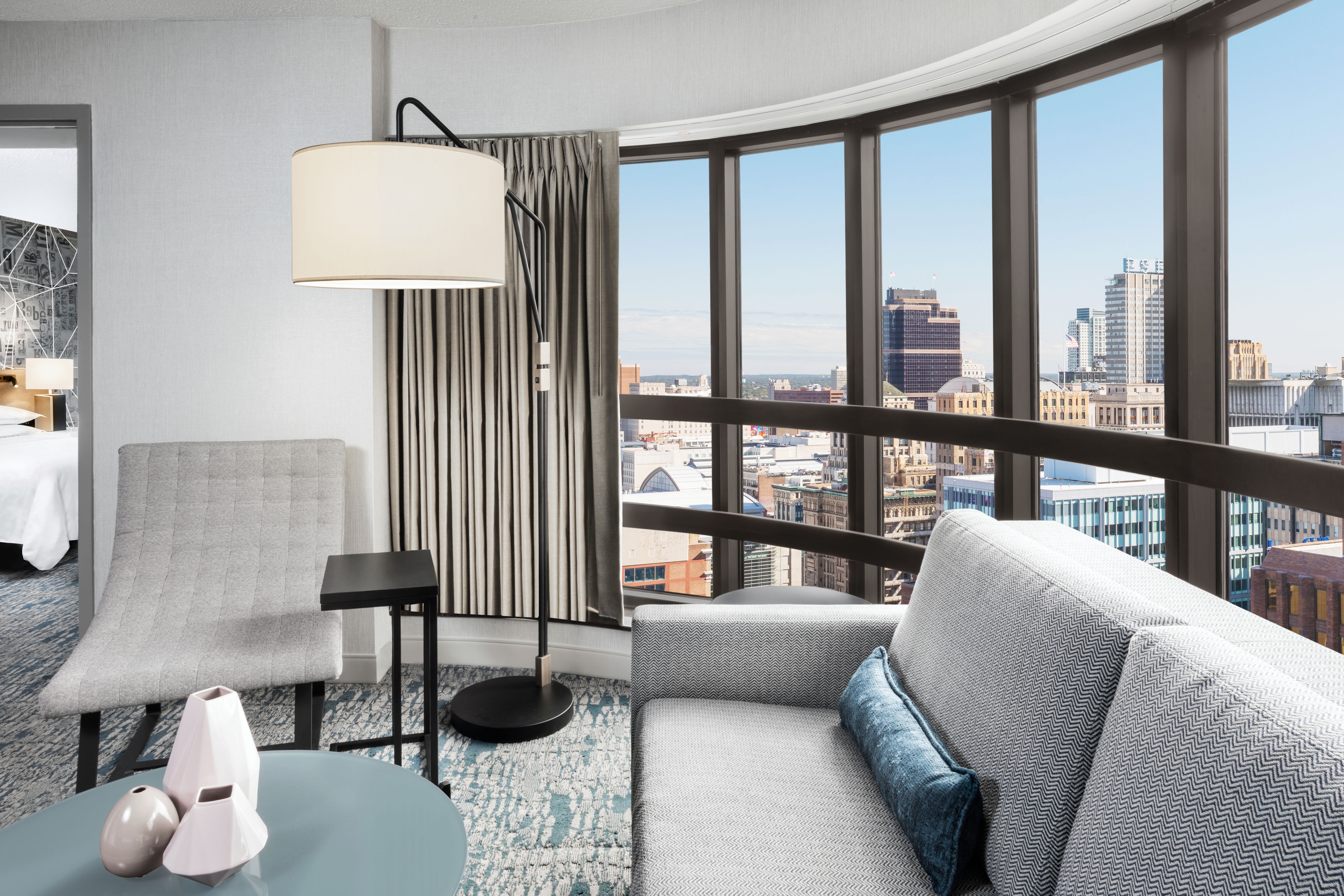 Guest suite seating area with exterior view