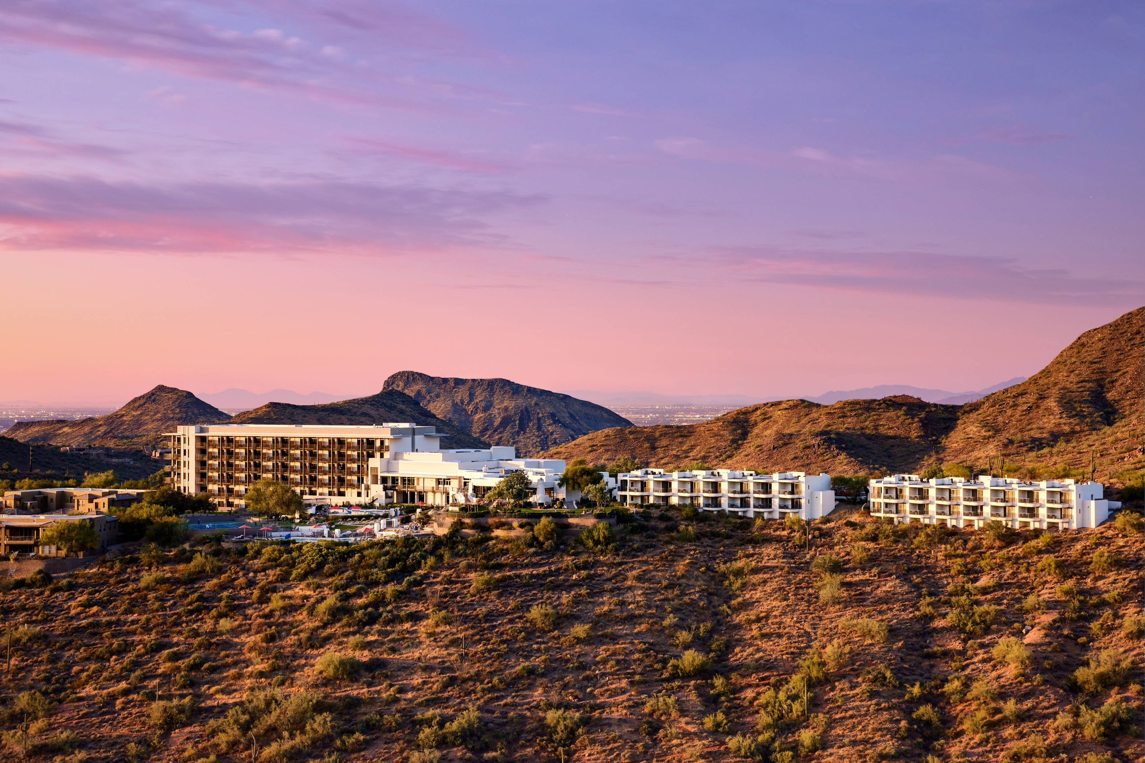 hotel, mountains, sunset