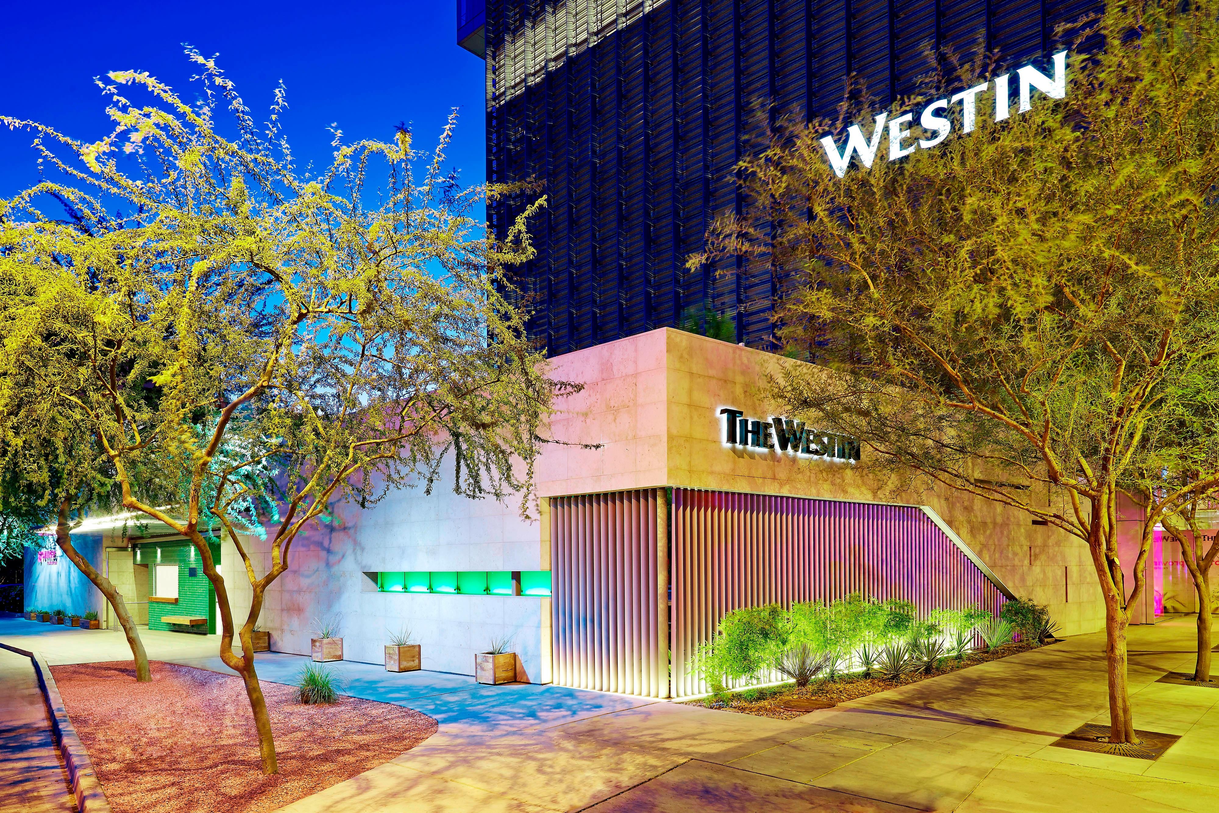 Exterior entrance and night. 
