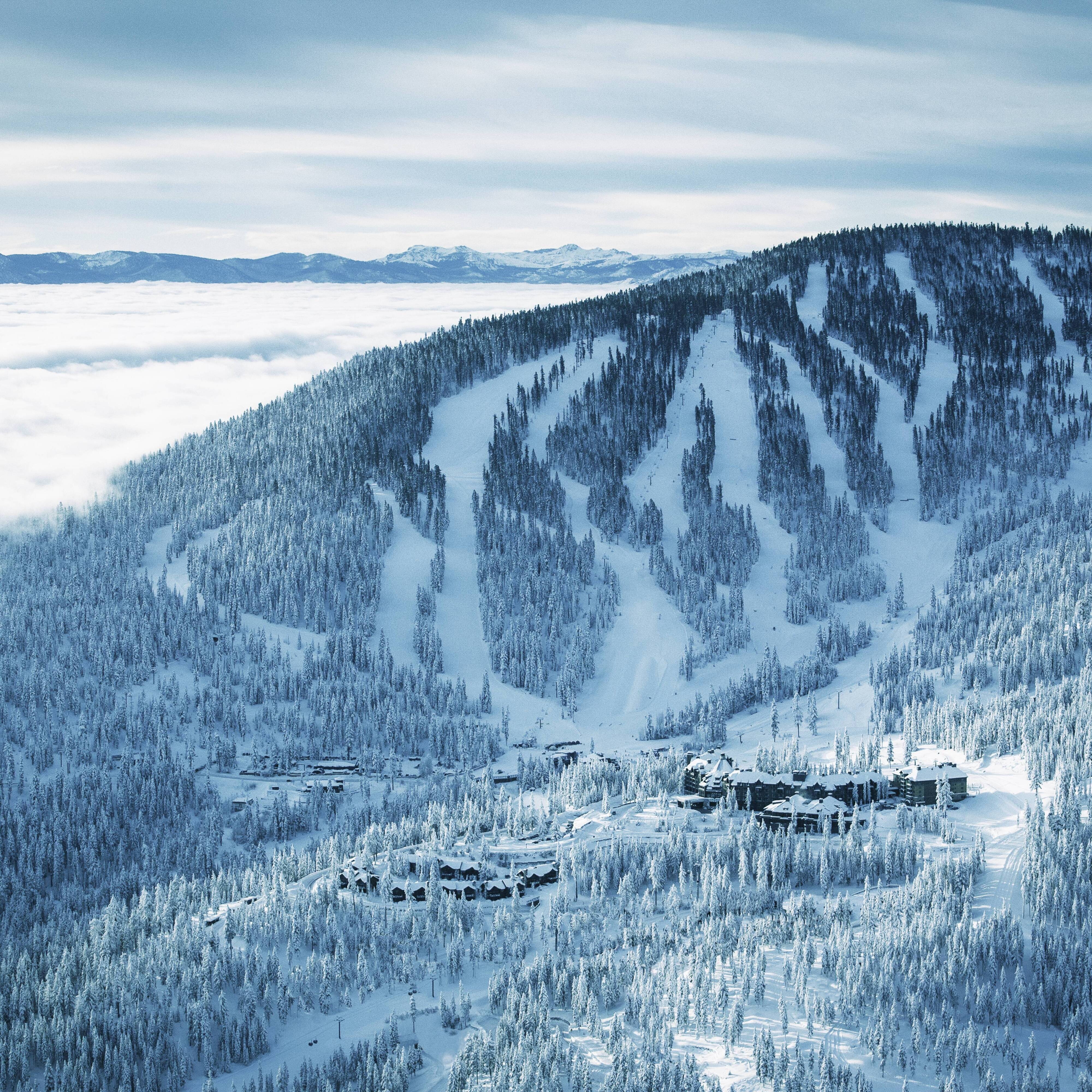 Aerial view of Lake Tahoe resort in the winter