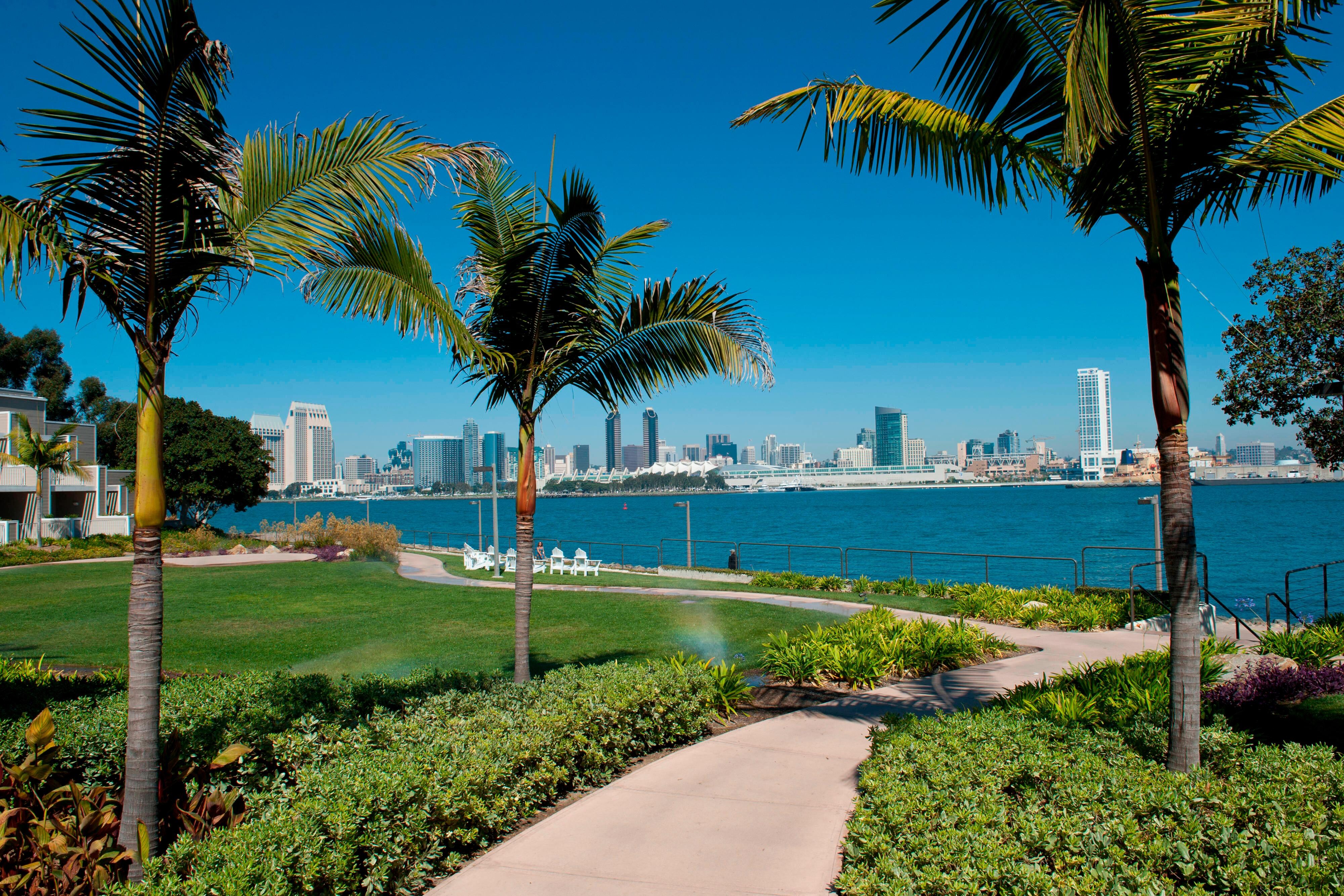 Coronado boardwalk with view of San Diego skyline