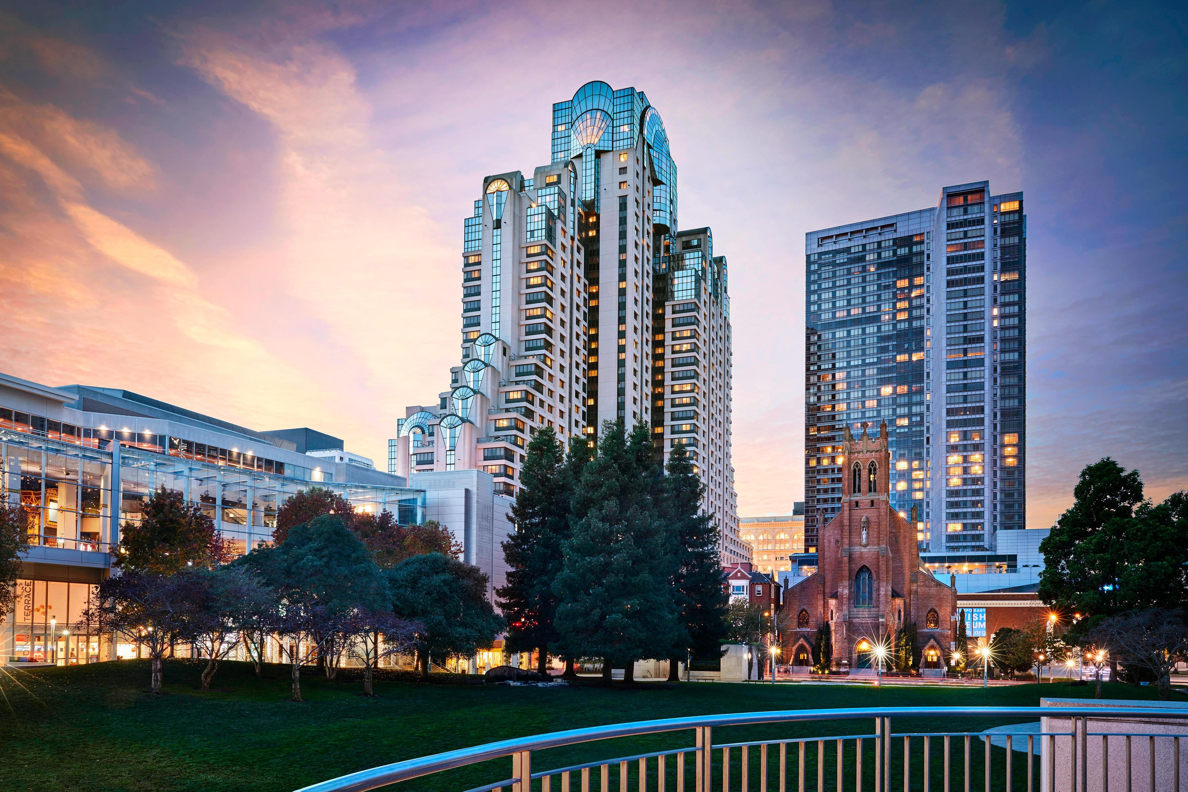 Hotel exterior at dusk