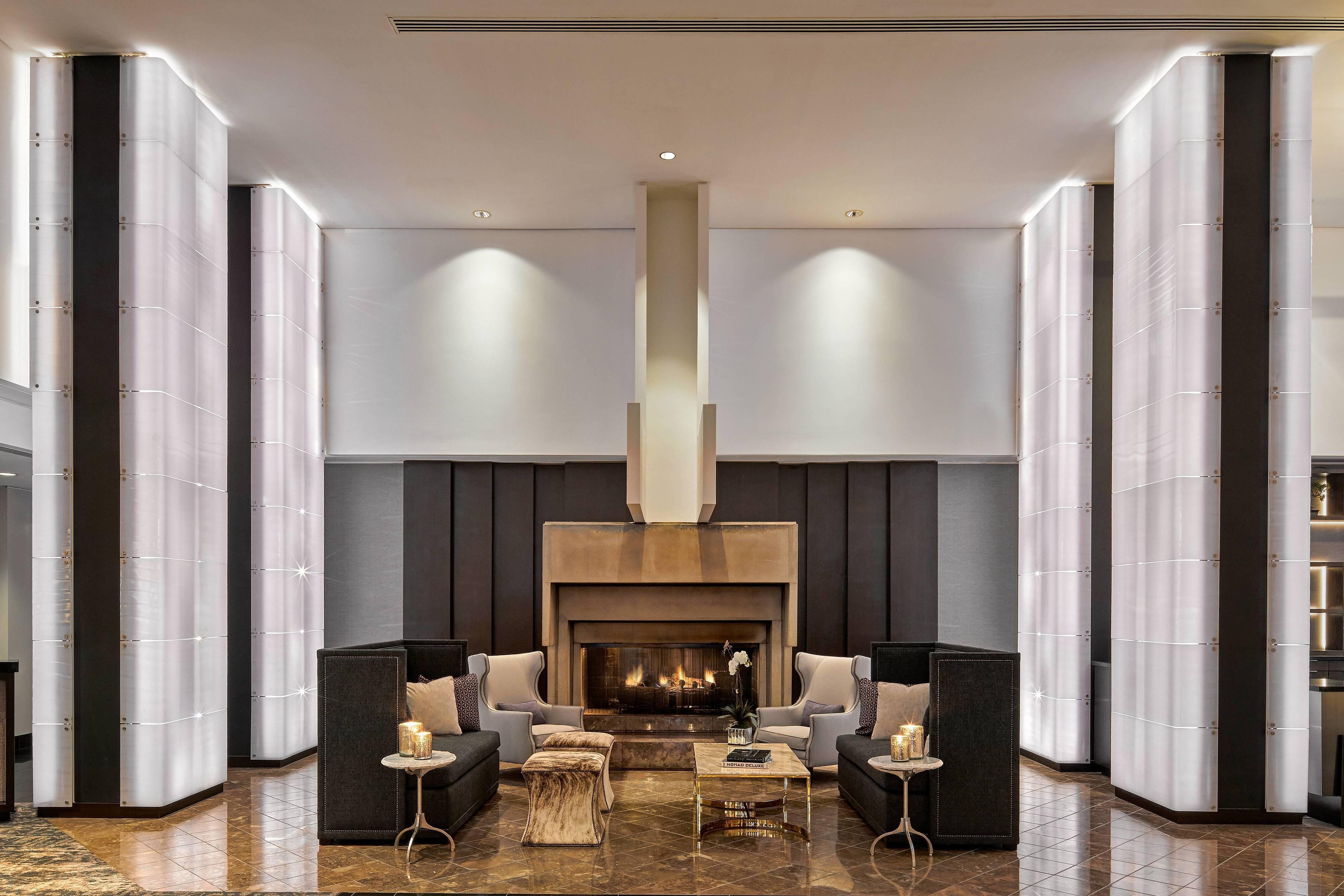 stylish lobby seating by a fireplace
