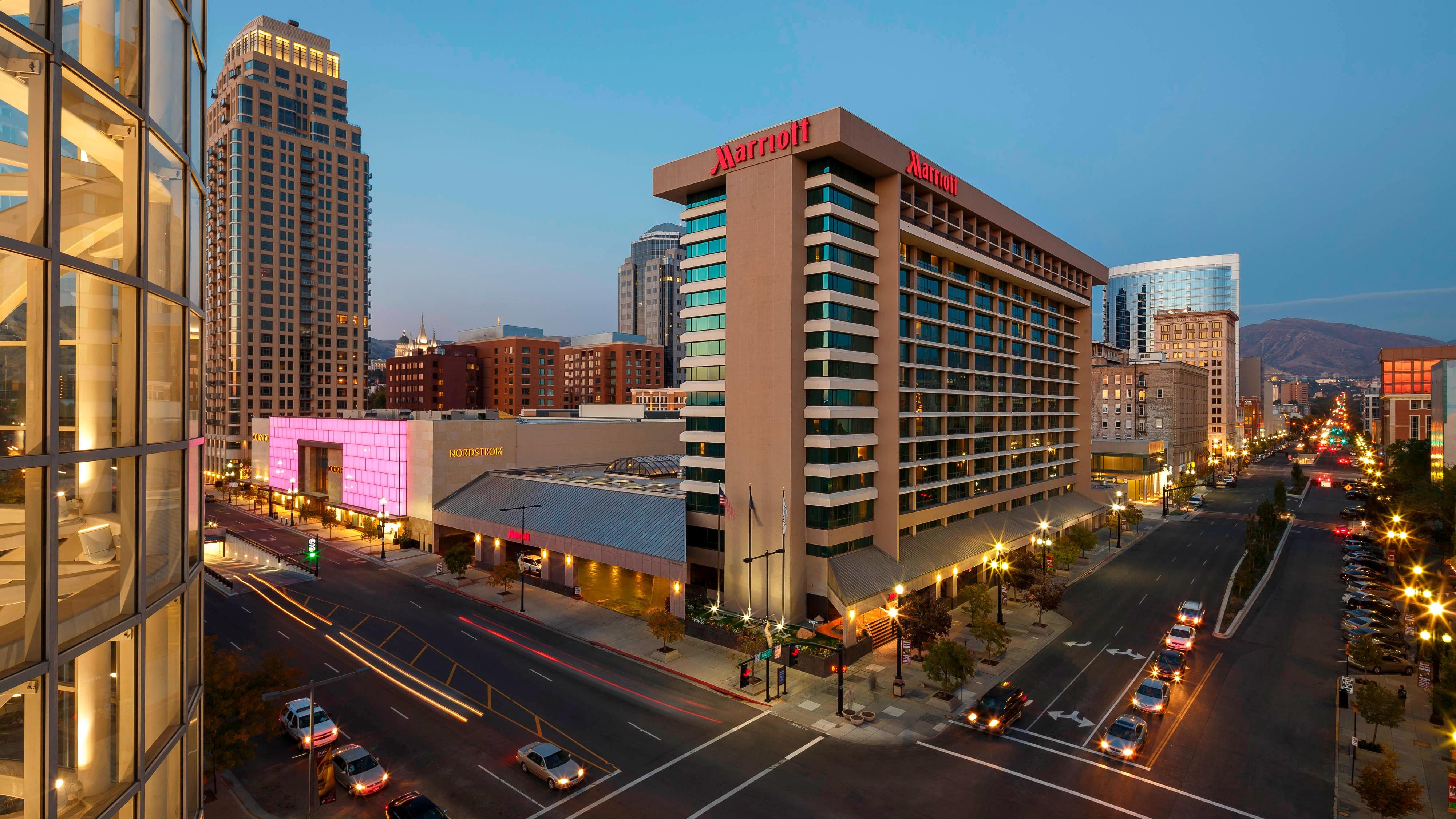 Hotel exterior at dusk