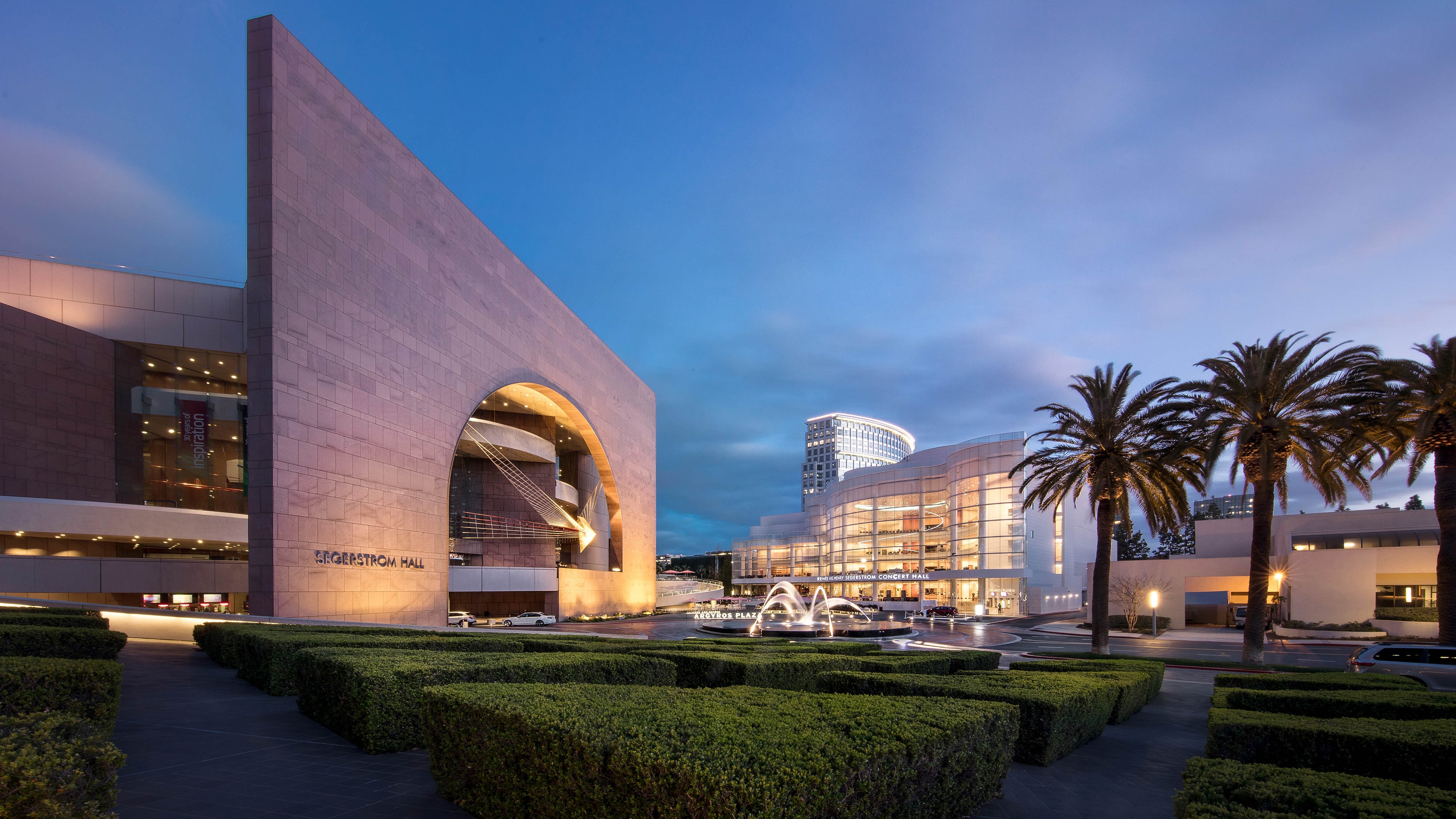 Segerstrom Center for the Arts exterior at dusk