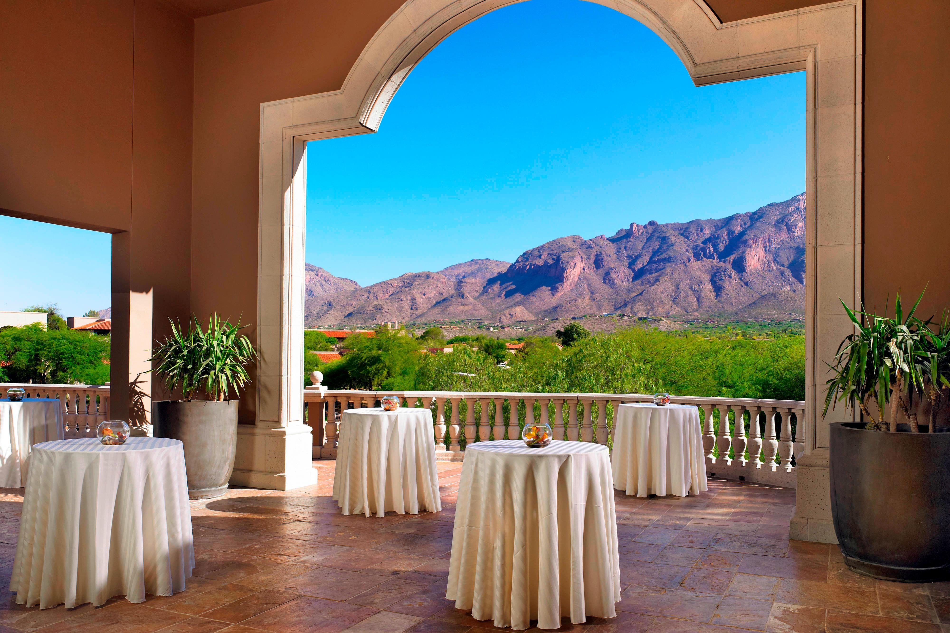 Event tables on deck with view of mountains