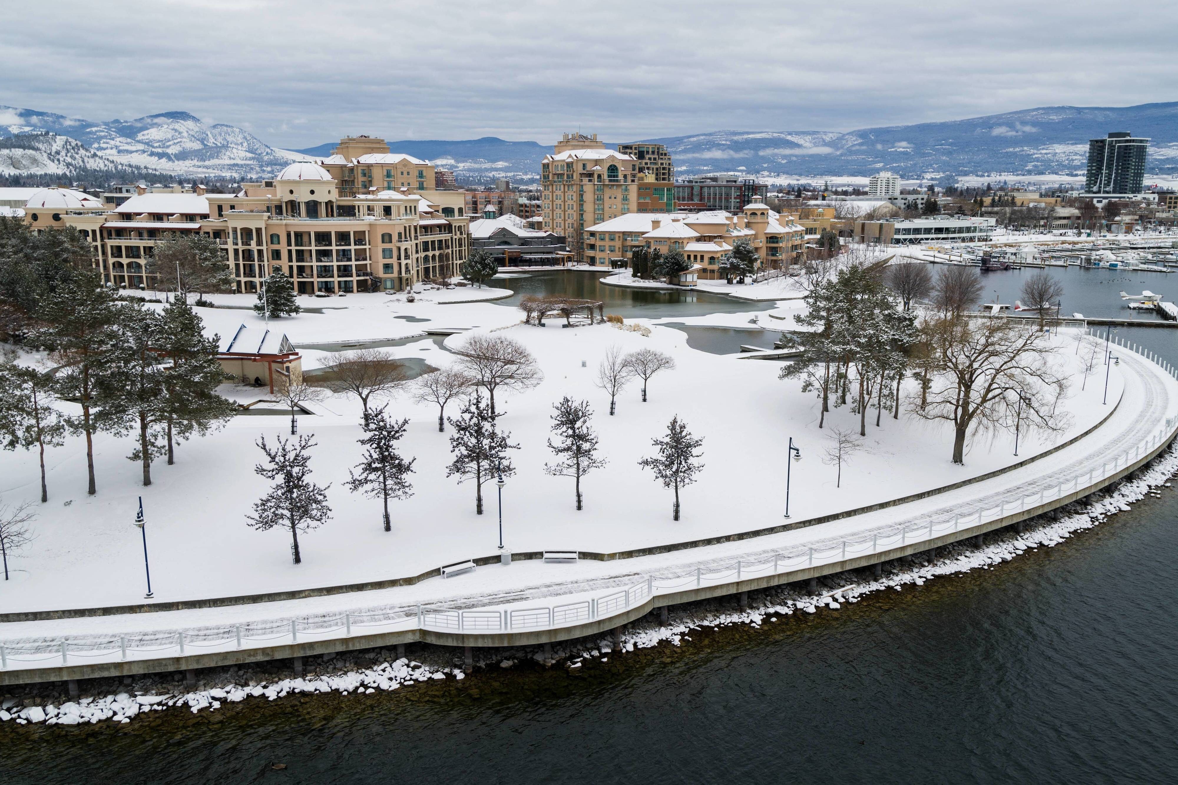 Aerial view of hotel, grounds are covered in snow