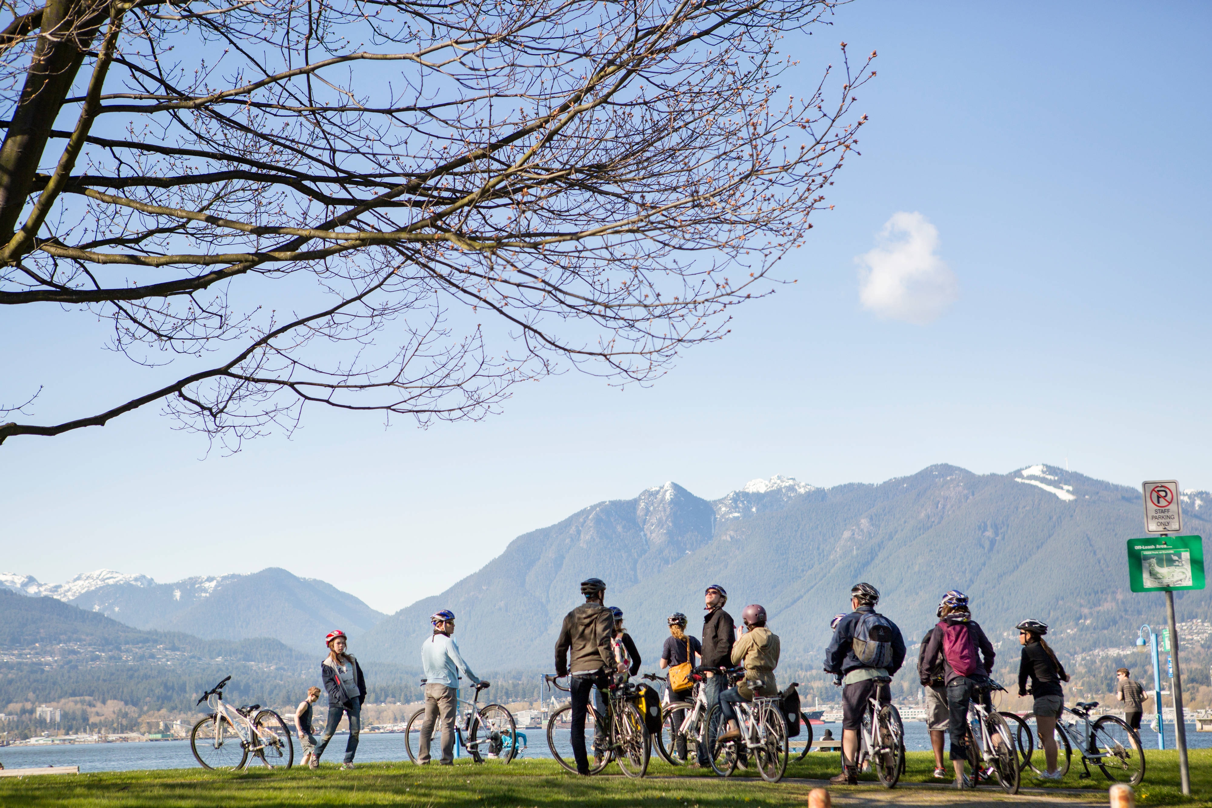 People bicycling outdoors beside the water and snowy mountains.