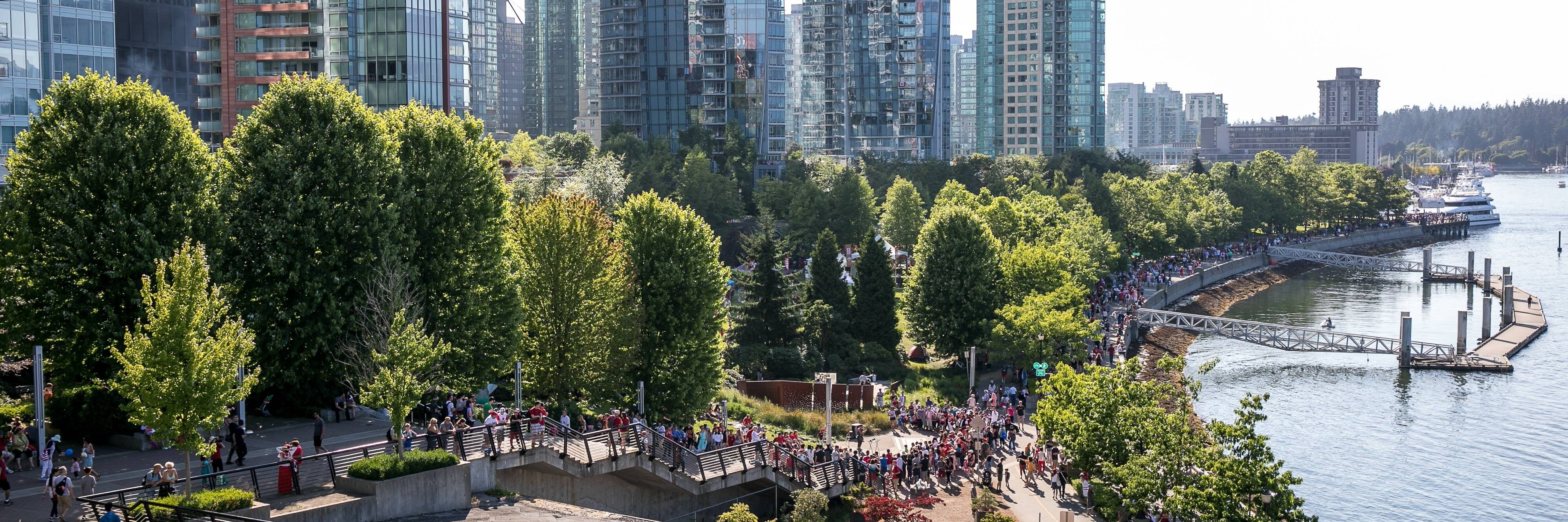 A sunny park and paths by the waterfront