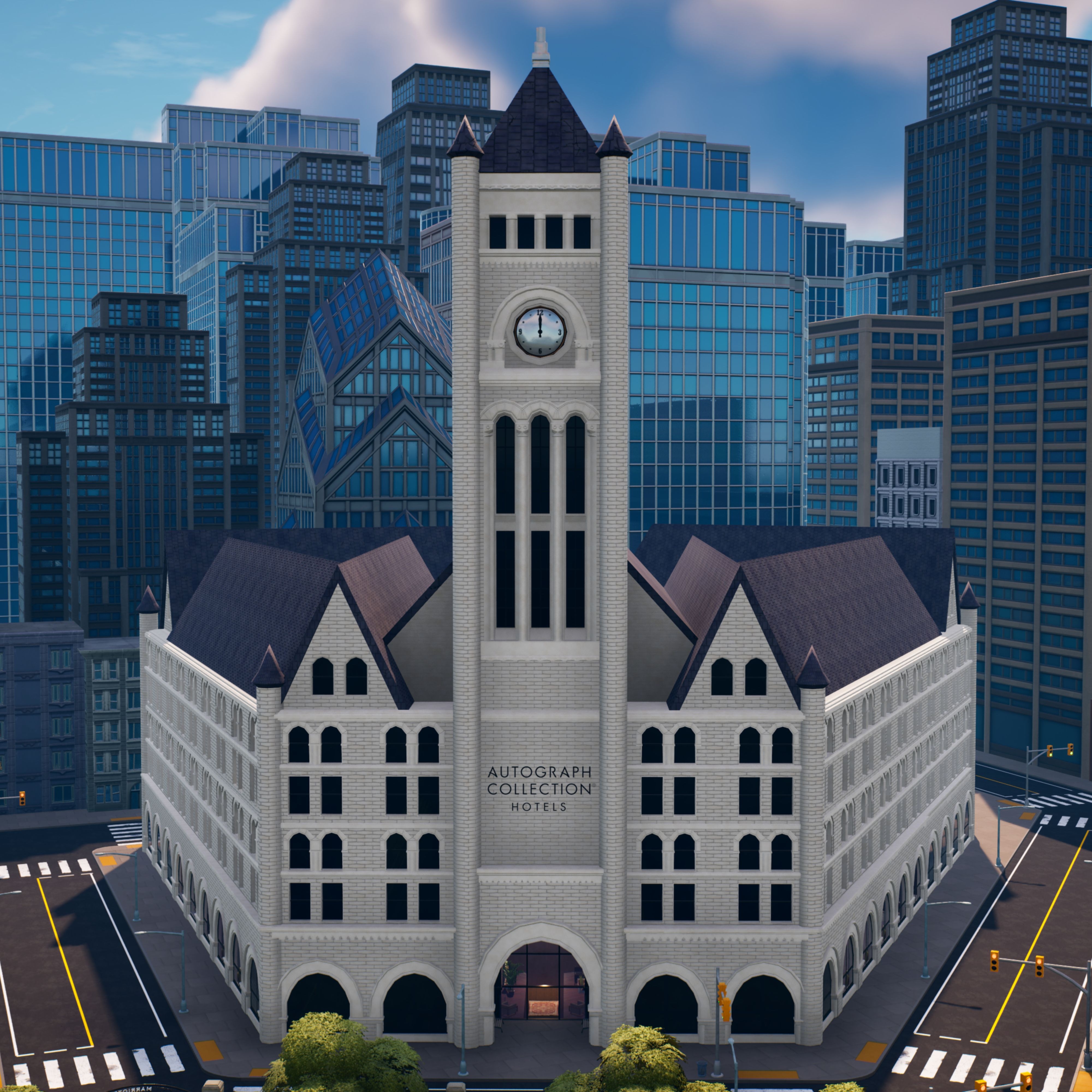 Exterior of hotel with clock tower