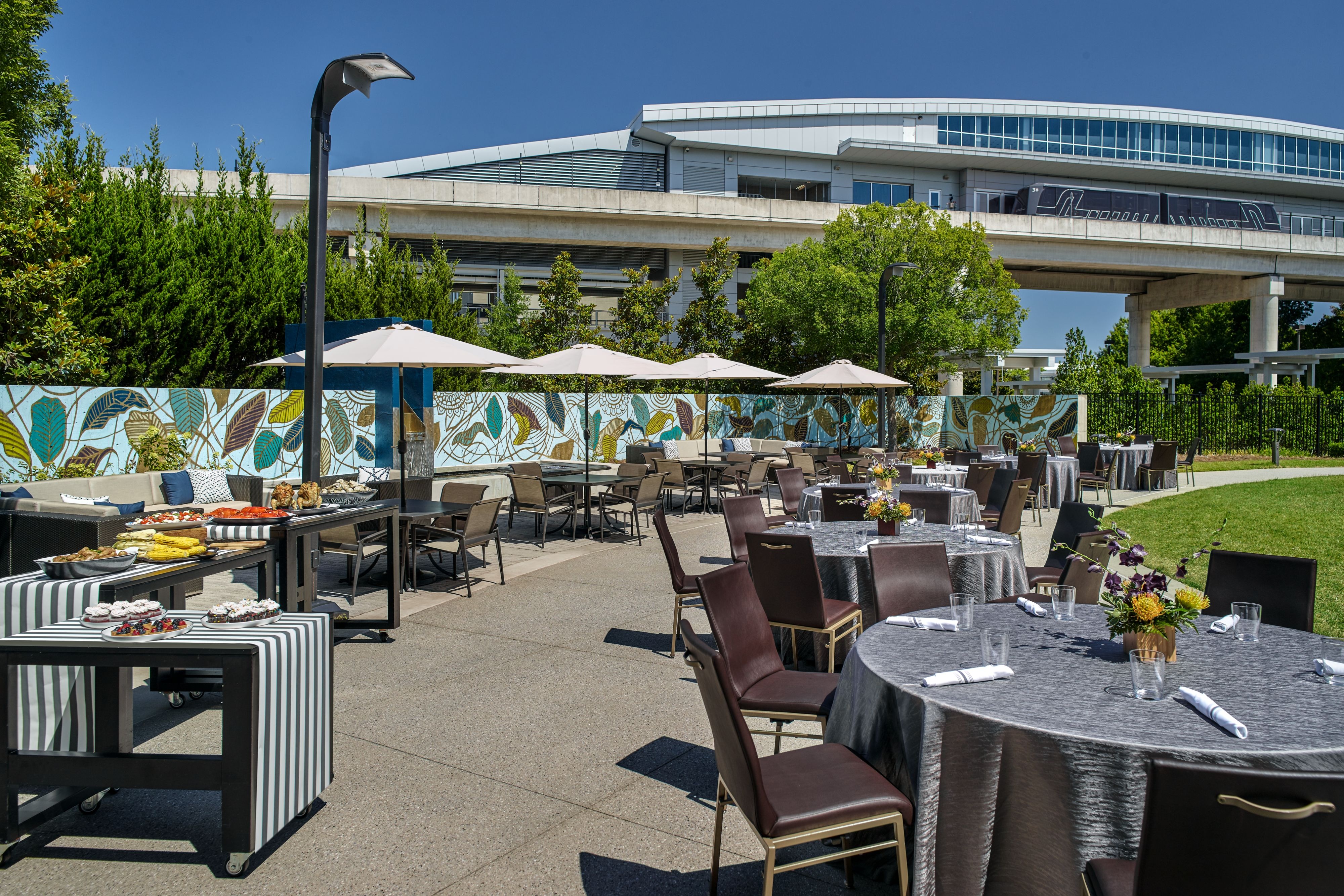 Dinner on a large, sunny, outdoor patio