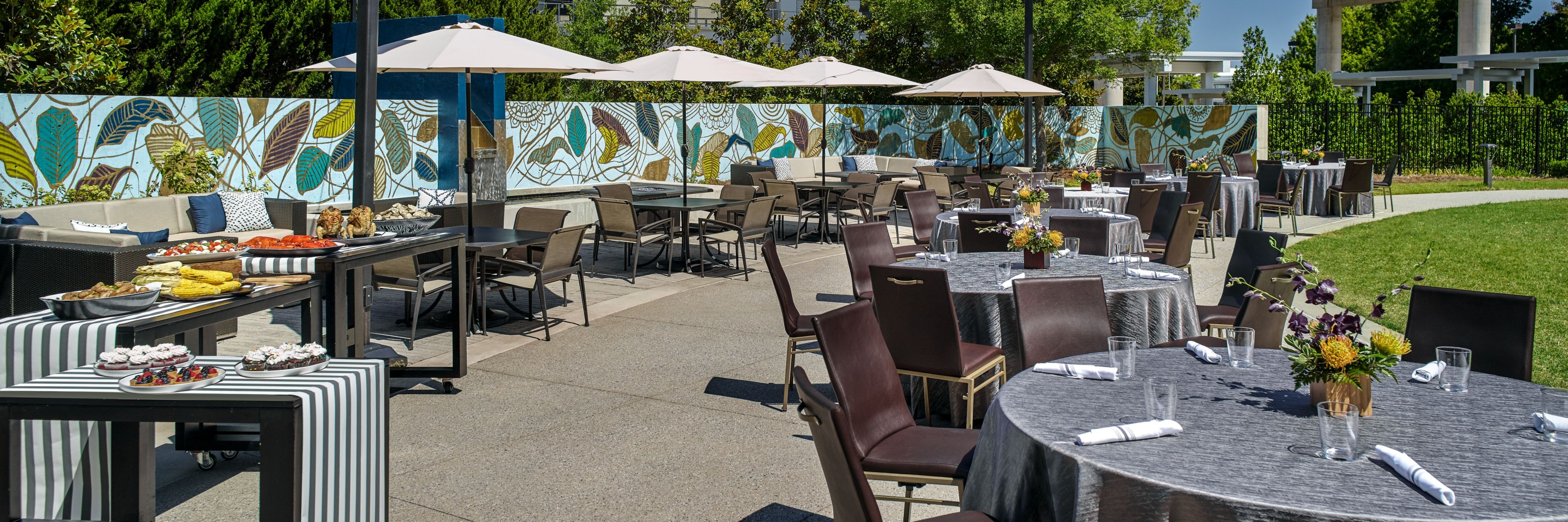 Dinner on a large, sunny, outdoor patio