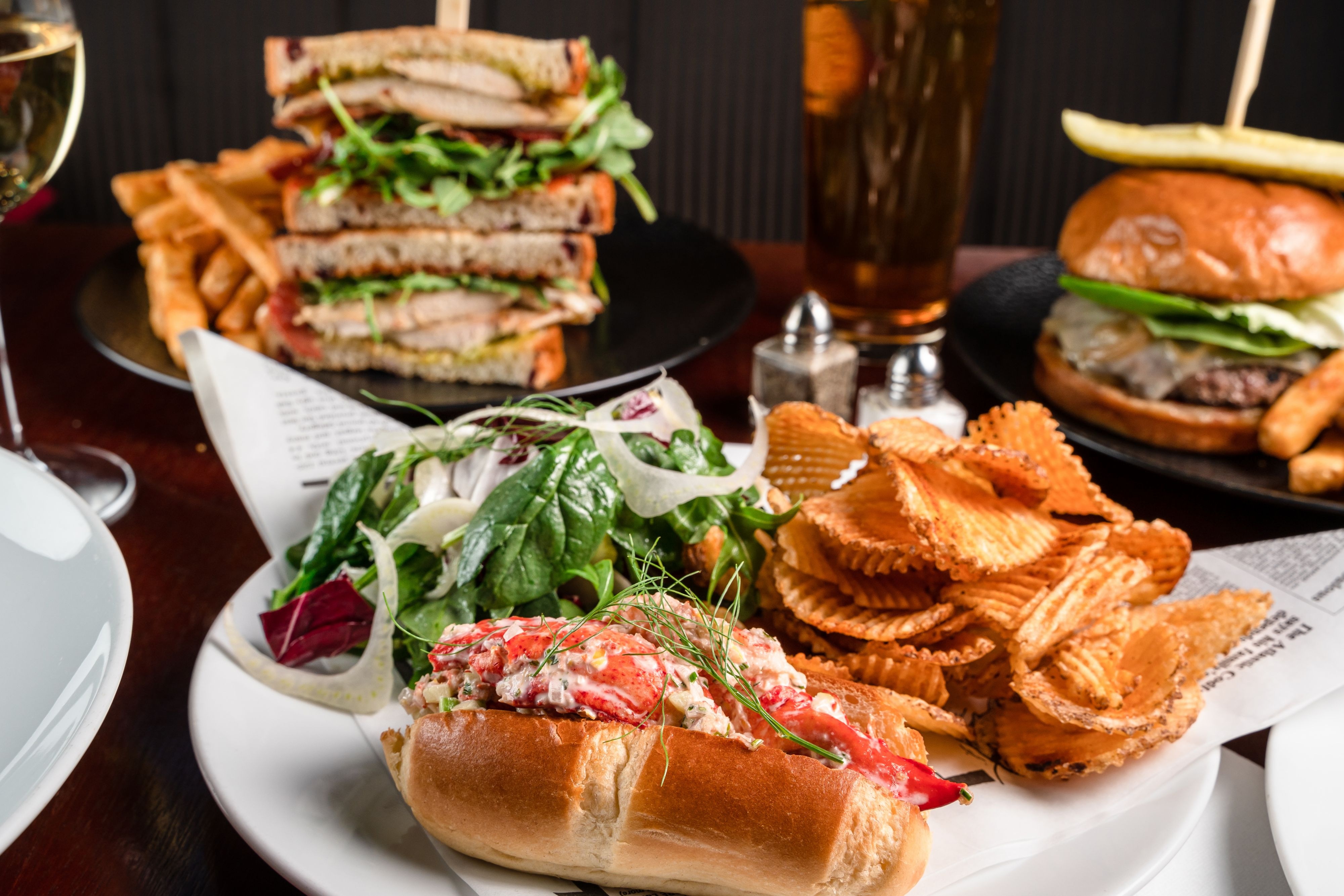 Sandwich, burger with chips and salad
