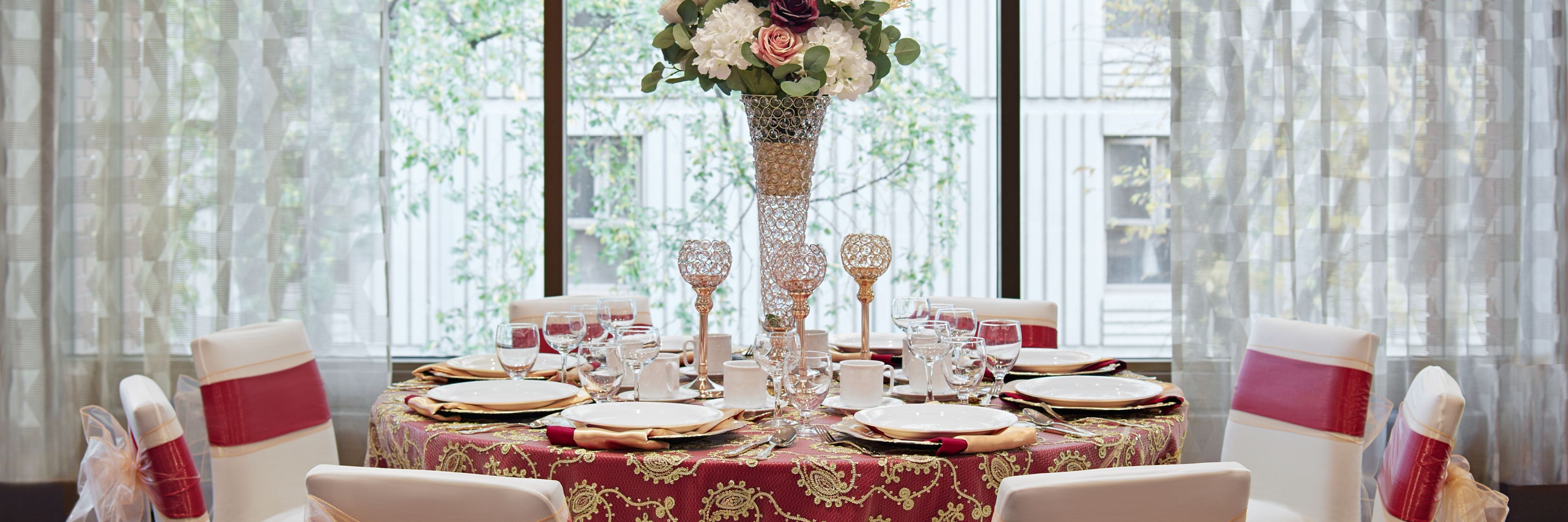 Wedding reception table place settings and decorations