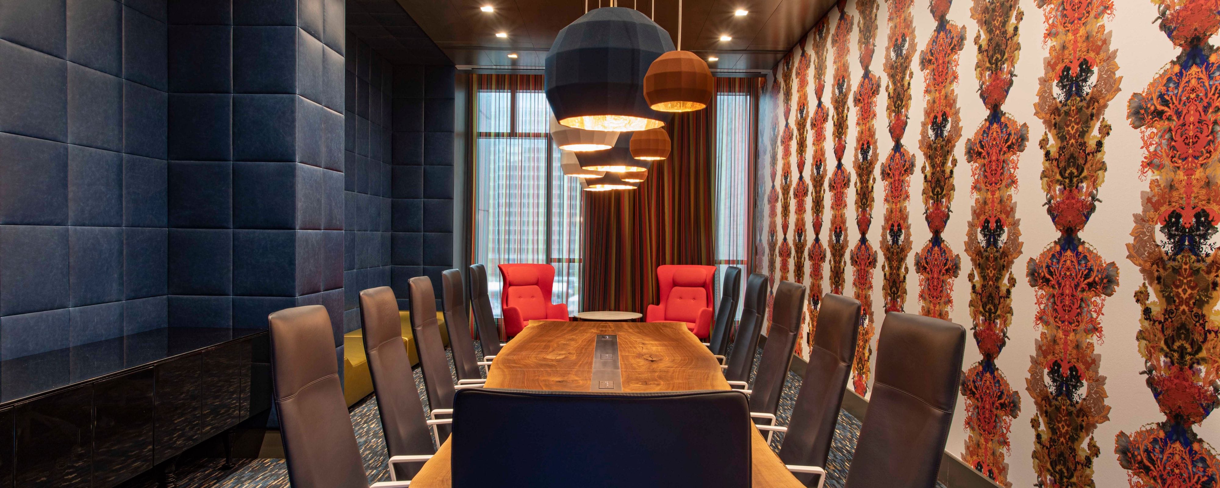 Meeting room setup in boardroom with long table