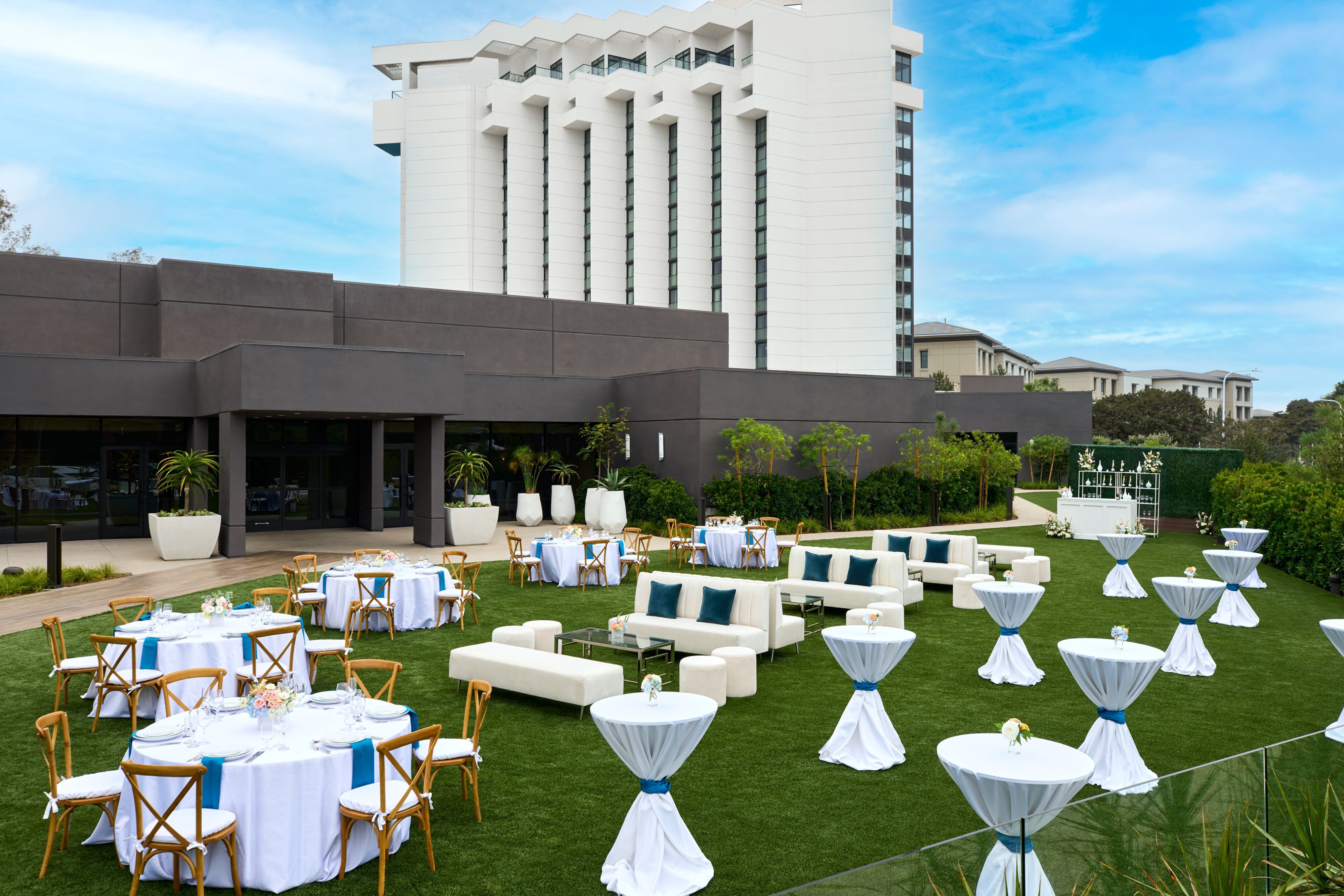 Outdoor event setup on lawn