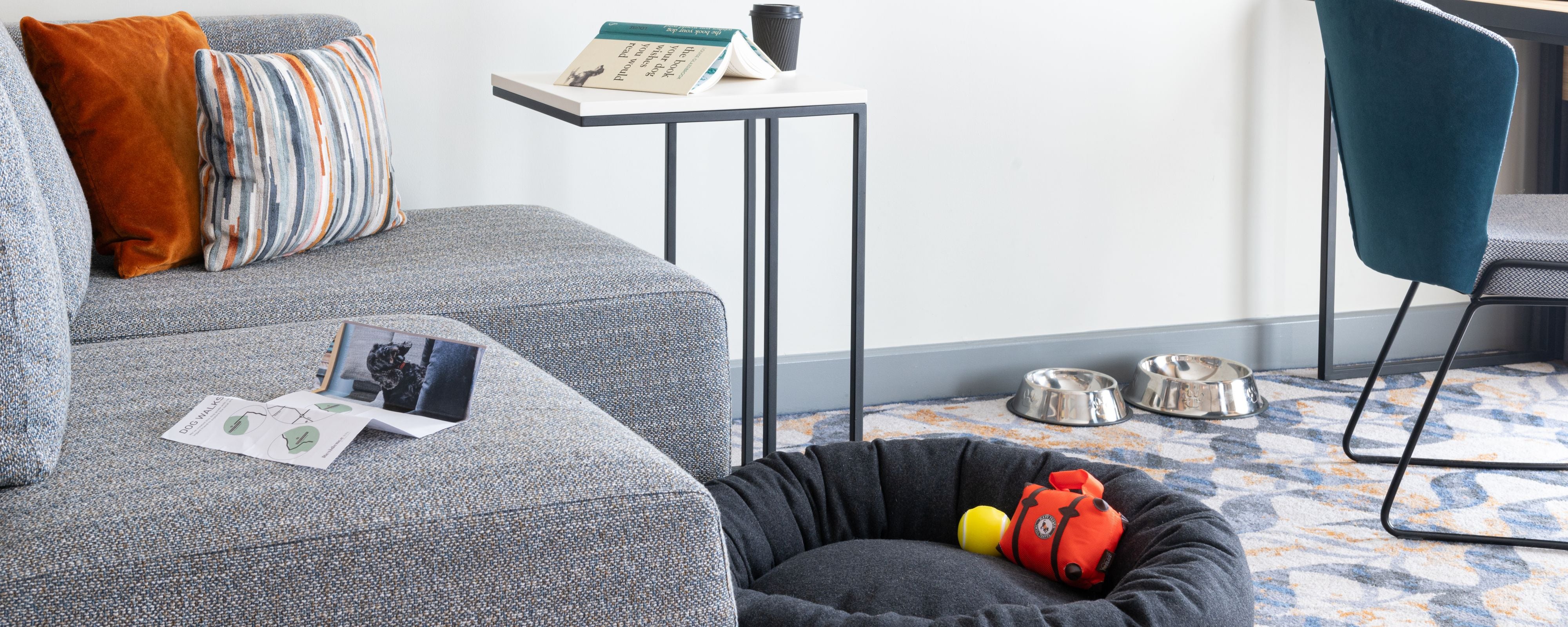 Dog bowls and bed