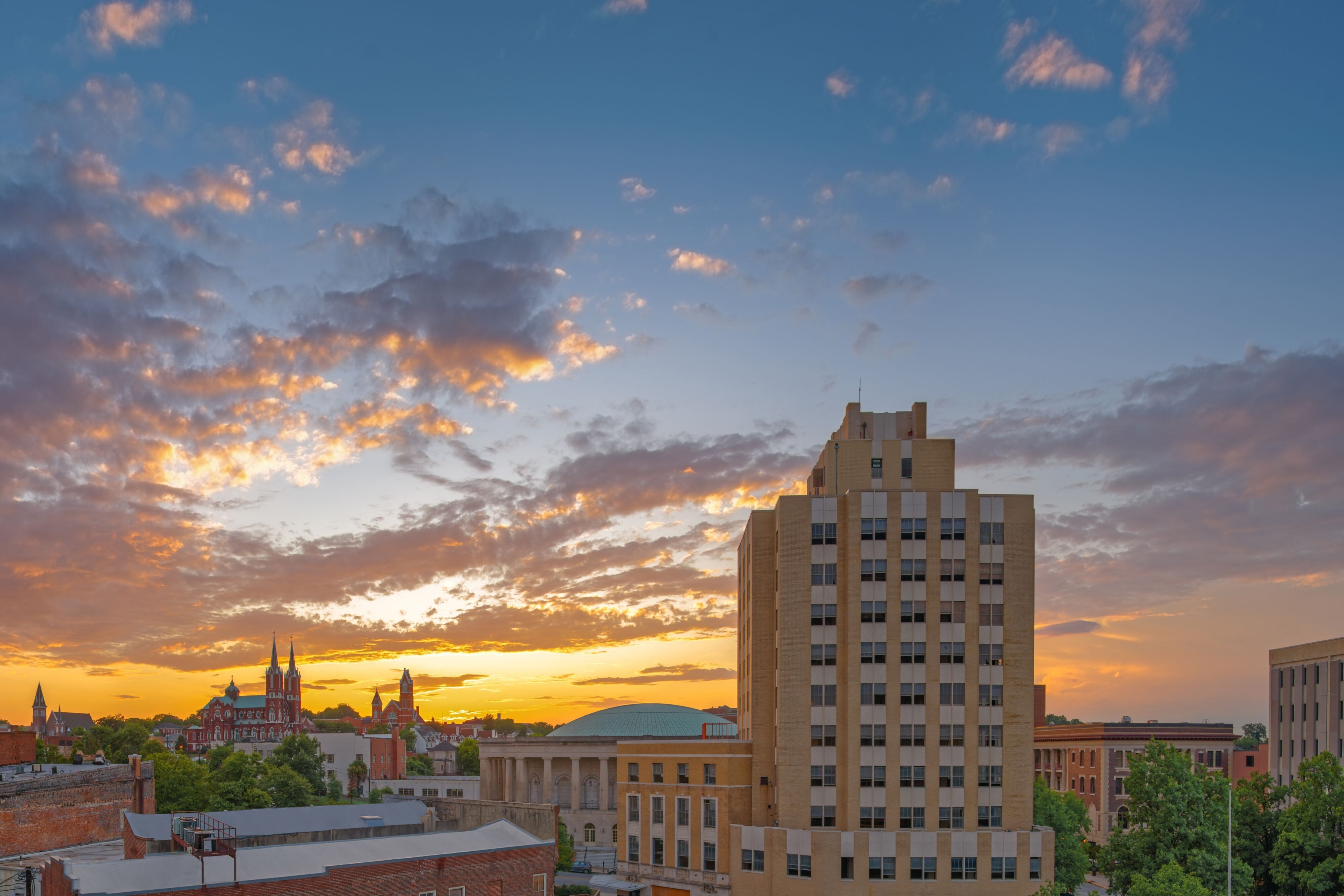 City skyline at sunset